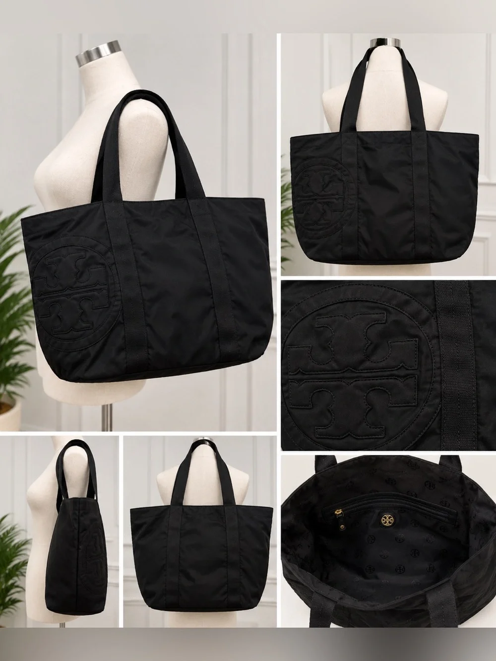 Tory Burch Black Nylon Large Tote Bag Double T Logo